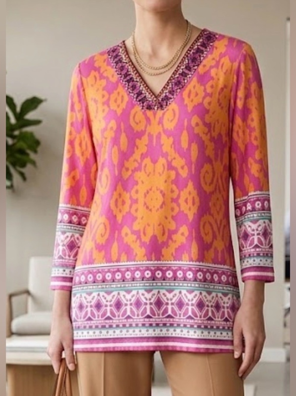 Belle by Kim Gravel rayon spandex aloha awaits Spaced Ikat V-Neck trim Blouse